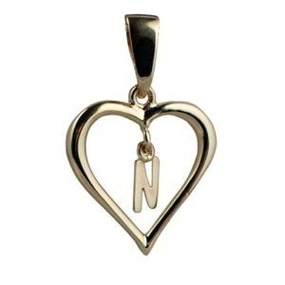 9ct 18x18mm heart with a hanging Initial 'N' with bail