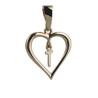 9ct 18x18mm heart with a hanging Initial 'T' with bail