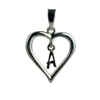 Silver 18x18mm heart with a hanging Initial 'A' with bail
