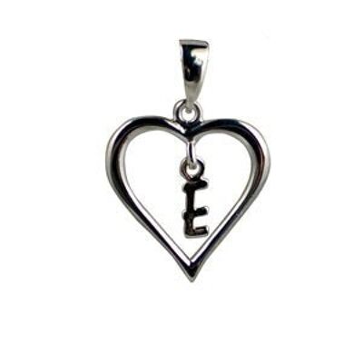 Silver 18x18mm heart with a hanging Initial 'E' with bail