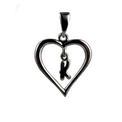 Silver 18x18mm heart with a hanging Initial 'K' with bail