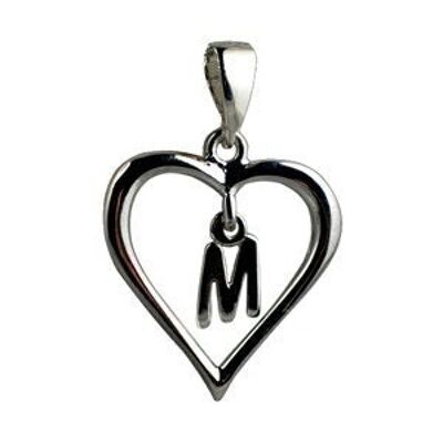 Silver 18x18mm heart with a hanging Initial 'M' with bail