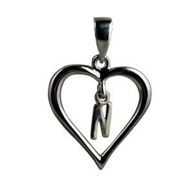 Silver 18x18mm heart with a hanging Initial 'N' with bail