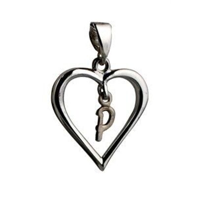 Silver 18x18mm heart with a hanging Initial 'P' with bail