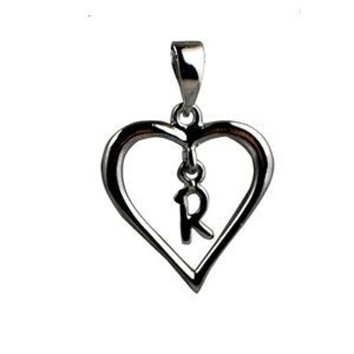 Silver 18x18mm heart with a hanging Initial 'R' with bail