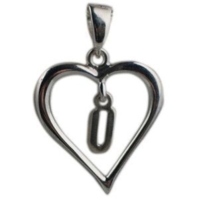 Silver 18x18mm heart with a hanging Initial 'U' with bail