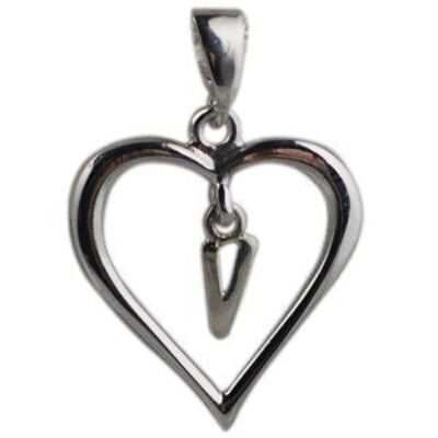Silver 18x18mm heart with a hanging Initial 'V' with bail