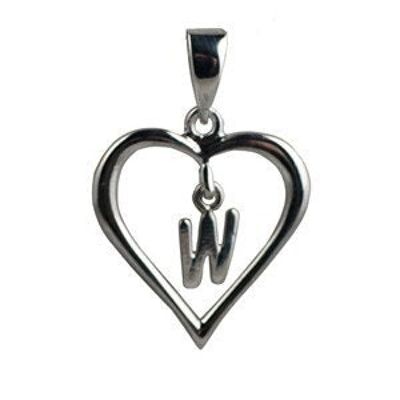 Silver 18x18mm heart with a hanging Initial 'W' with bail