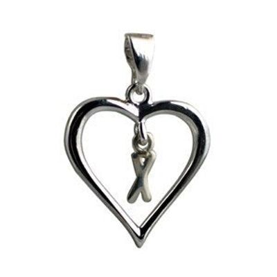 Silver 18x18mm heart with a hanging Initial 'X' with bail