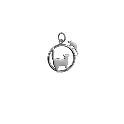 Silver 20x17mm Cat looking right and Mouse in a circle Pendant or Charm