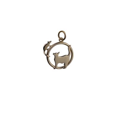 9ct 20x17mm Cat looking left and Mouse in a circle Pendant or Charm