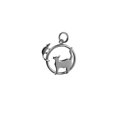 Silver 20x17mm Cat looking left and Mouse in a circle Pendant or Charm