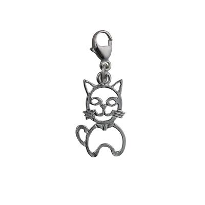 Silver 17x12mm pierced sitting Cat Charm with a lobster catch