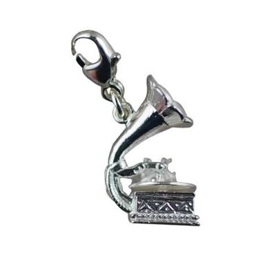 Silver 17x11mm dance music gramaphone charm on a lobster trigger