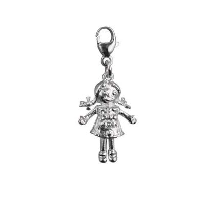 Silver 30x14mm moveable Rag doll charm on a lobster trigger