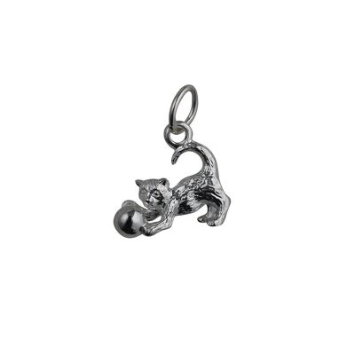 Silver 11x19mm Cat playing with Ball Pendant or Charm