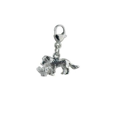 Silver 18x16mm puppy carrying a basket of flowers charm on a lobster trigger