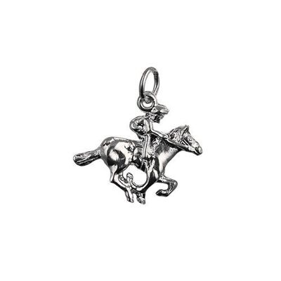 Silver 17x21mm galloping Horse and Jockey Pendant or Charm