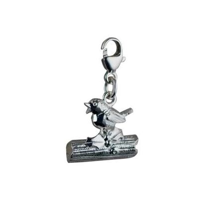 Silver 14x4mm Robin on a log charm on a lobster trigger