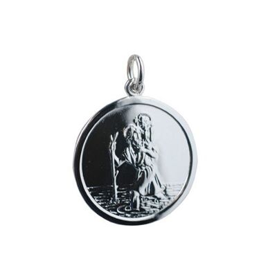Silver 25mm round St Christopher Pendant with car, airplane, train and ship on back