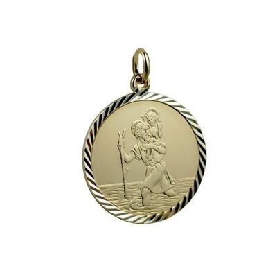 14ct yellow gold on Silver 1/20th 25mm round diamond cut edge St Christopher Pendant