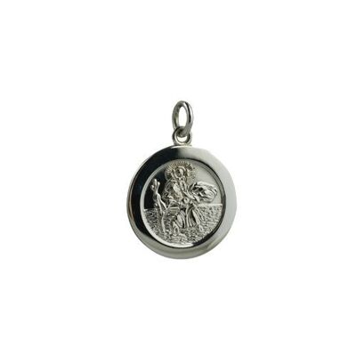 9ct white 21mm round plain St Christopher Pendant with car, airplane, train and ship on back