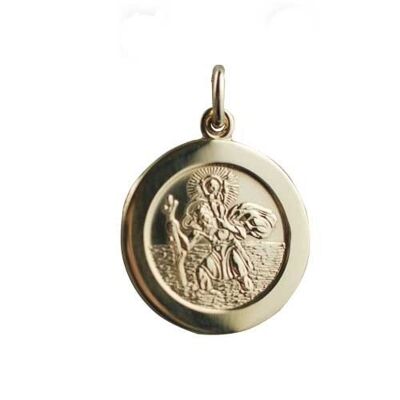 18ct 21mm round plain St Christopher Pendant with car, airplane, train and ship on back