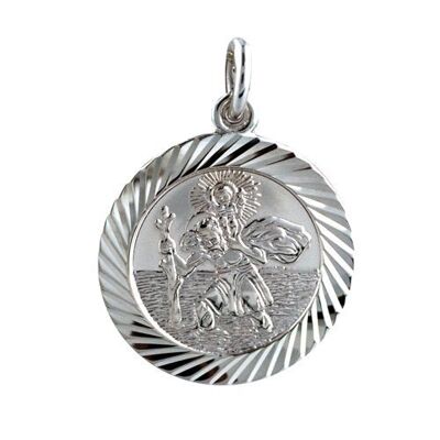 Silver 21mm diamond cut edge round St Christopher Pendant