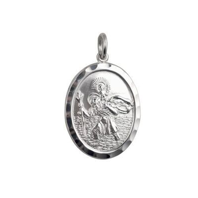 Silver 30x21mm oval diamond cut edge St Christopher Pendant