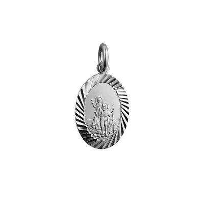 Silver 19x9mm oval diamond cut edge St Christoper Pendant