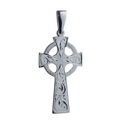 Silver 45x20mm hand engraved Celtic Cross with bail