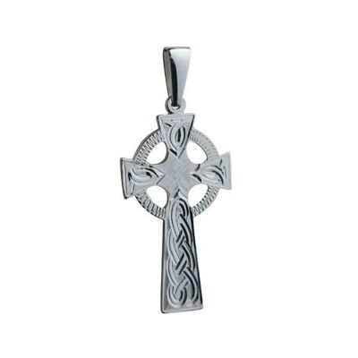 Silver 45x20mm hand engraved knot pattern Celtic Cross with bail