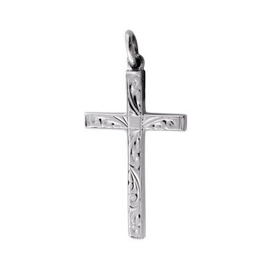 9ct white 30x18mm hand engraved Solid Block Cross