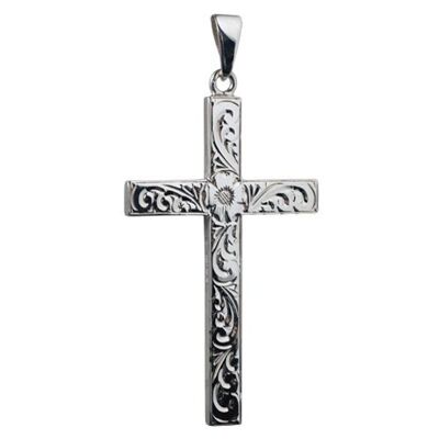 Silver 55x33mm Victorian hand engraved Solid Block Cross with bail