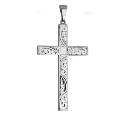 Silver 55x33mm hand engraved Solid Block Cross with bail