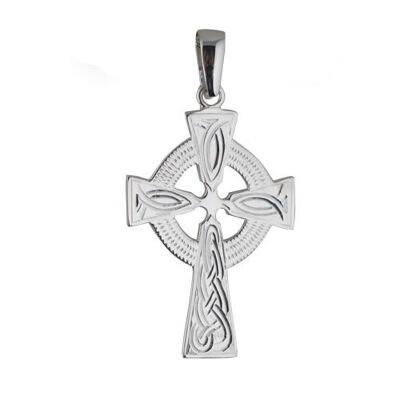 Silver 40x29mm hand engraved knot pattern Celtic Cross with bail