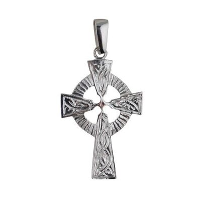 Silver 40x28mm embossed pattern Celtic Cross with bail