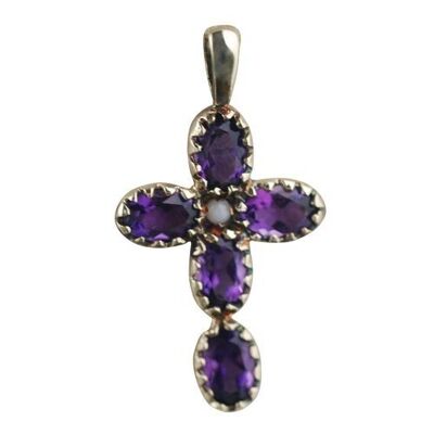 9ct 25x16mm Cross Gem set with 5 Amethyst and 1 pearl