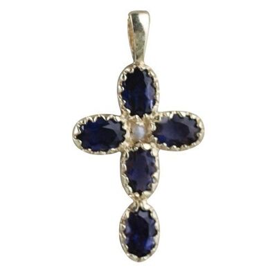 9ct 25x16mm Cross Gem set with 5 Iolite and 1 Pearl