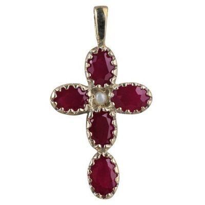 9ct 25x16mm Gem set Cross with 5 Rubies and 1 pearl