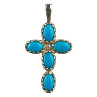 9ct 25x16mm Cross Gem set with 5 Turquoise and 1 pearl