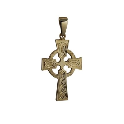 9ct 35x24mm hand engraved knot pattern Celtic Cross with bail