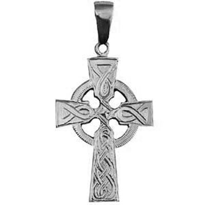 Silver 35x24mm hand engraved knot pattern Celtic Cross with bail