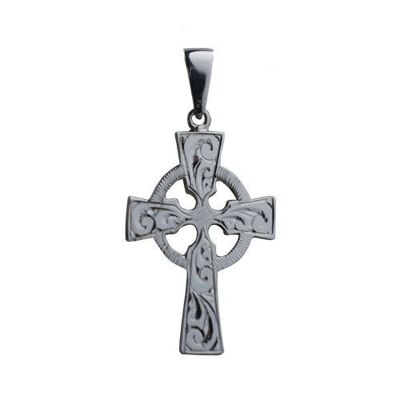 9ct white 35x24mm hand engraved Celtic Cross with bail