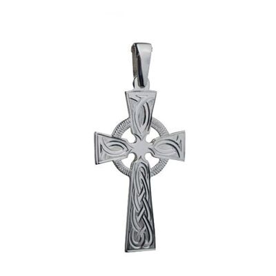 Silver 44x26mm hand engraved knot pattern Celtic Cross with bail