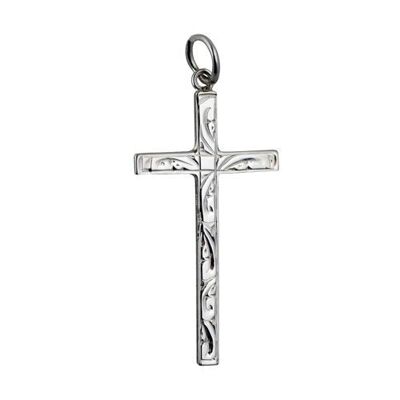 Silver 30x17mm hand engraved Solid Block Cross