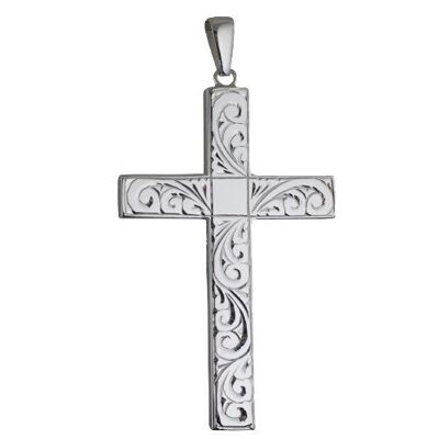 Silver 60x38mm hand engraved Solid Block Cross with bail