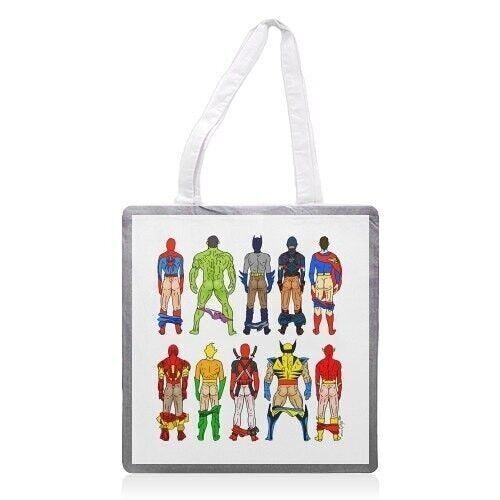 TOTE BAGS, SUPERHERO BUTTS BY NOTSNIW ART POLY POPLIN