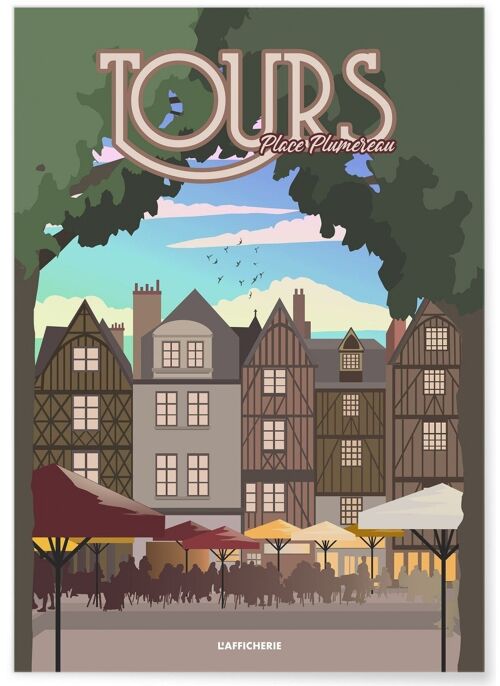 Affiche illustration de la ville de Tours : Place Plumereau jour