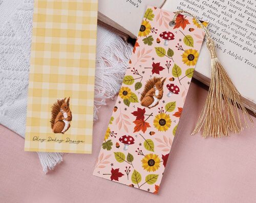 Squirrel and Mushroom Paper Bookmark With Tassel